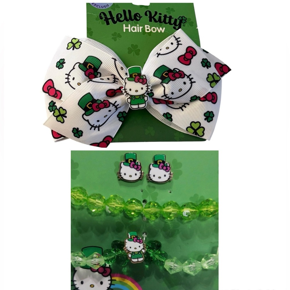 NWT Hello Kitty Hair Bow and Jewelry Set - Green and White